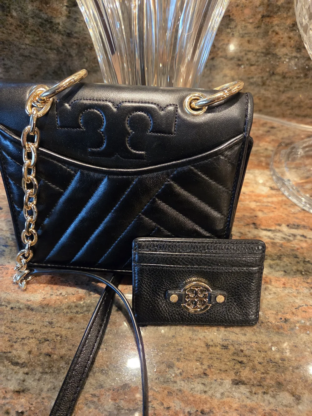 Tory Burch Black Quilted Leather Chain Shoulder Bag with Card Holder